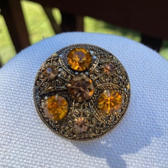 VTG CZECHO SLOVAKIA Gold Amber Rhinestone BROOCH - Picture 1 of 6